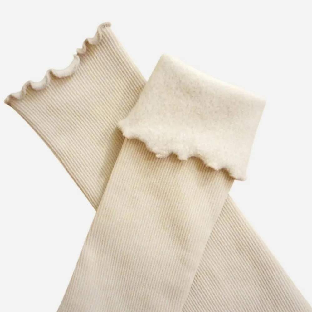Cream Fleece Lined Socks Ribbed Ruffle Mid-calf Cozy Soft Socks